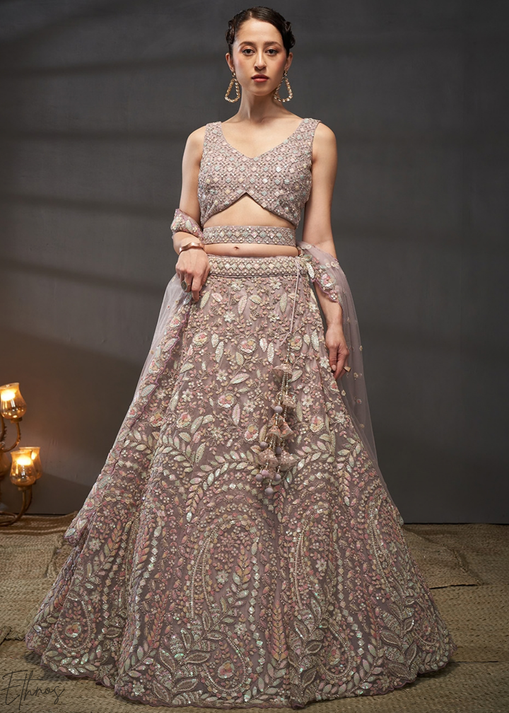 Soft Lavender Gilded Bouquet Net Lehenga