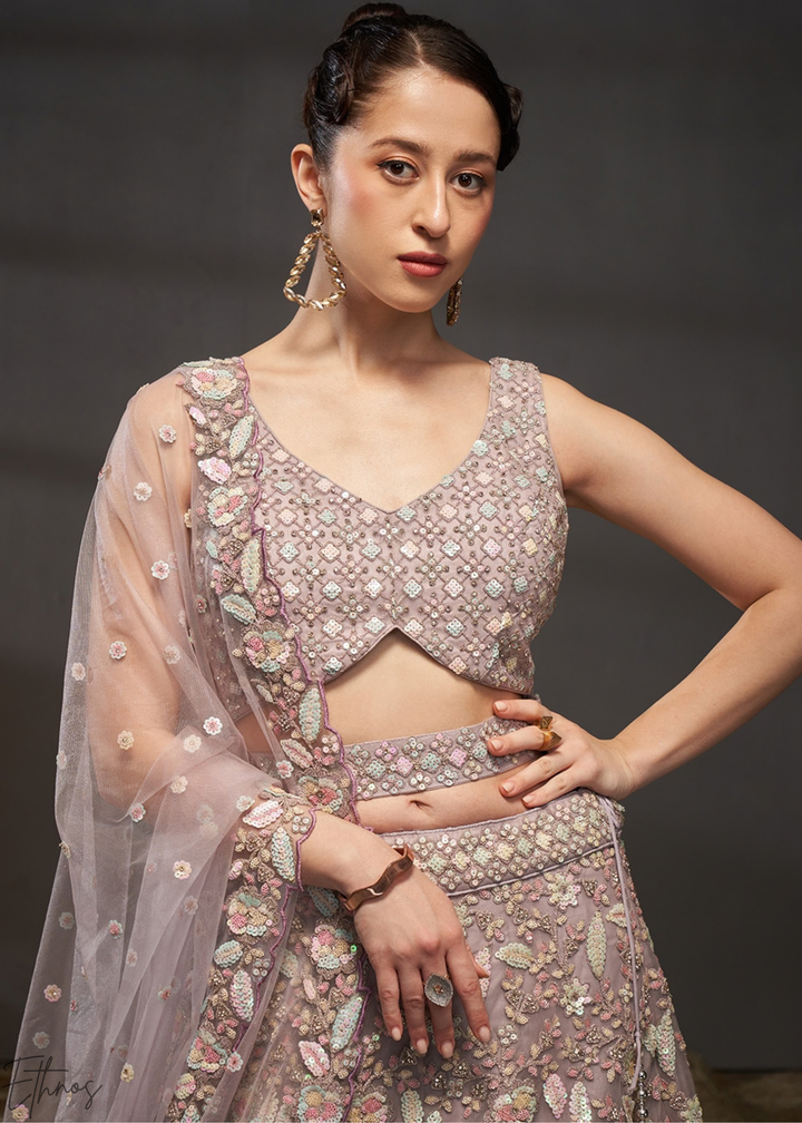 Soft Lavender Gilded Bouquet Net Lehenga