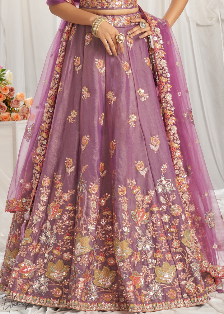 Orchid Lavender Gilded Bouquet Organza Lehenga