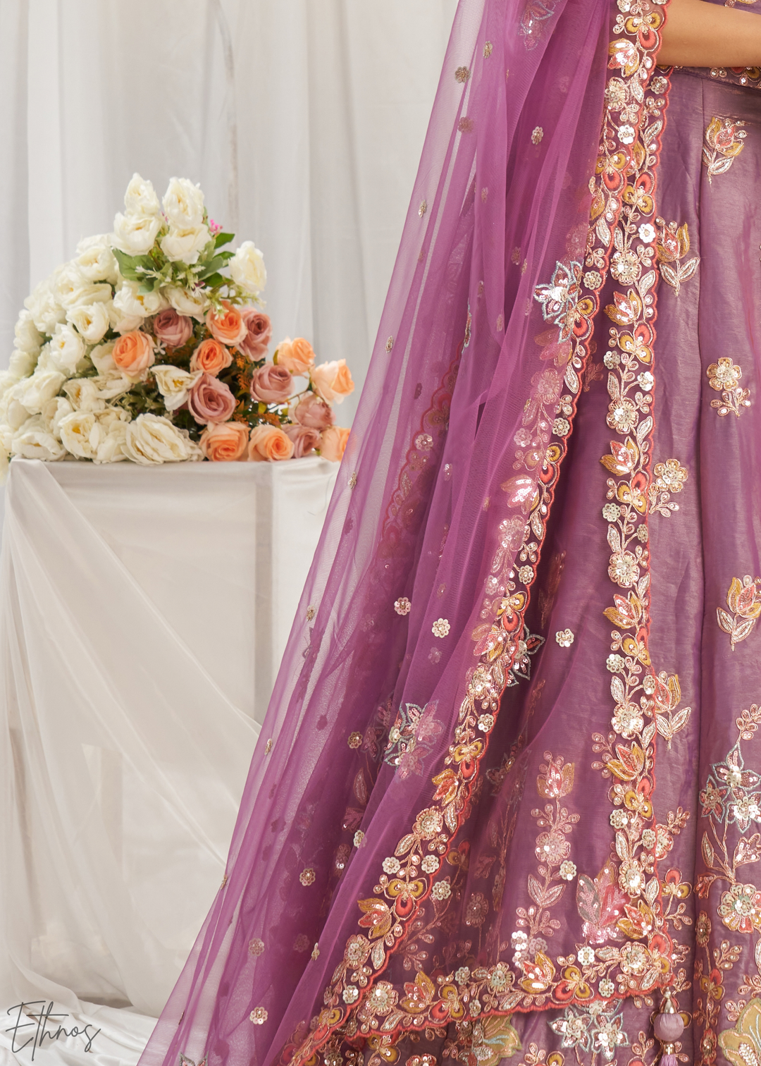 Orchid Lavender Gilded Bouquet Organza Lehenga