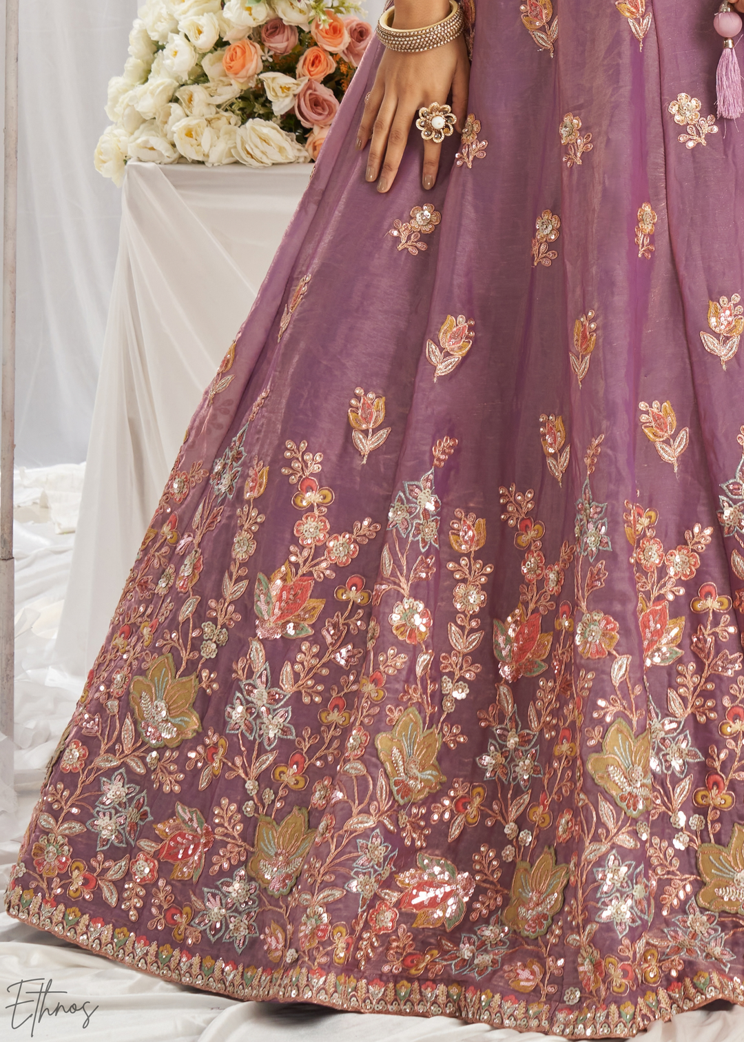 Orchid Lavender Gilded Bouquet Organza Lehenga
