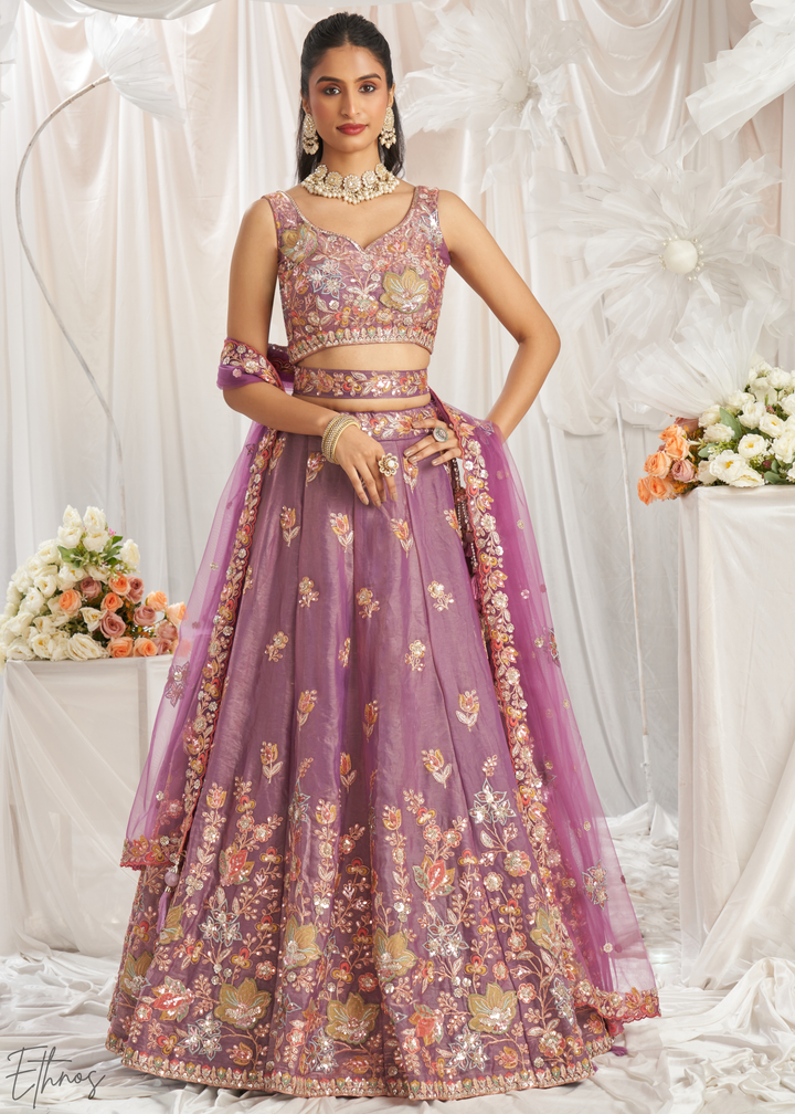 Orchid Lavender Gilded Bouquet Organza Lehenga