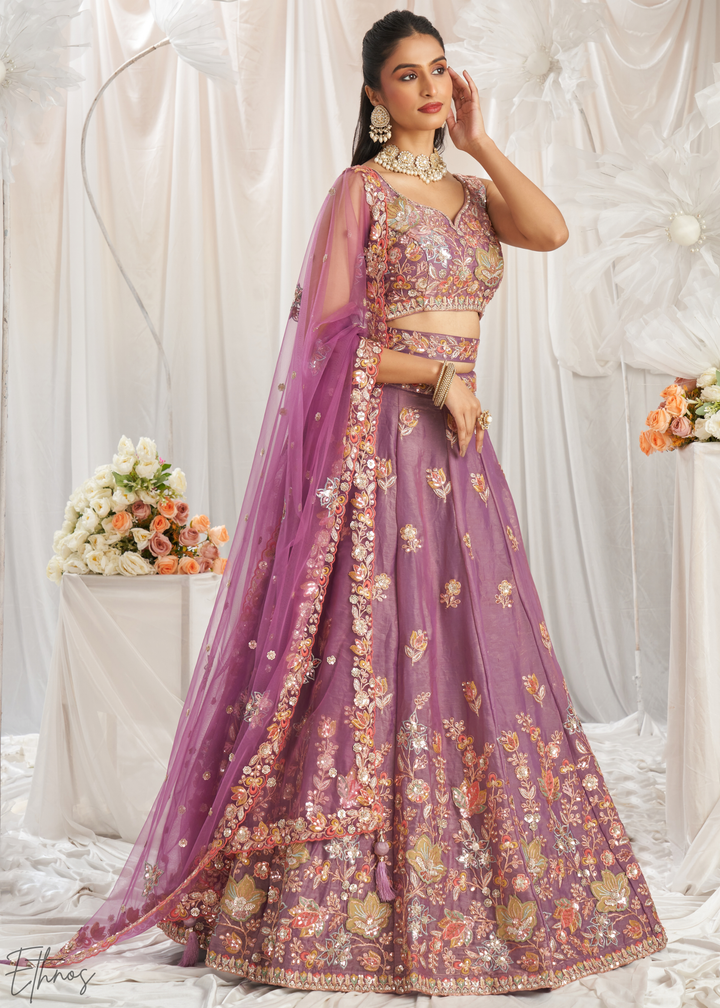 Orchid Lavender Gilded Bouquet Organza Lehenga