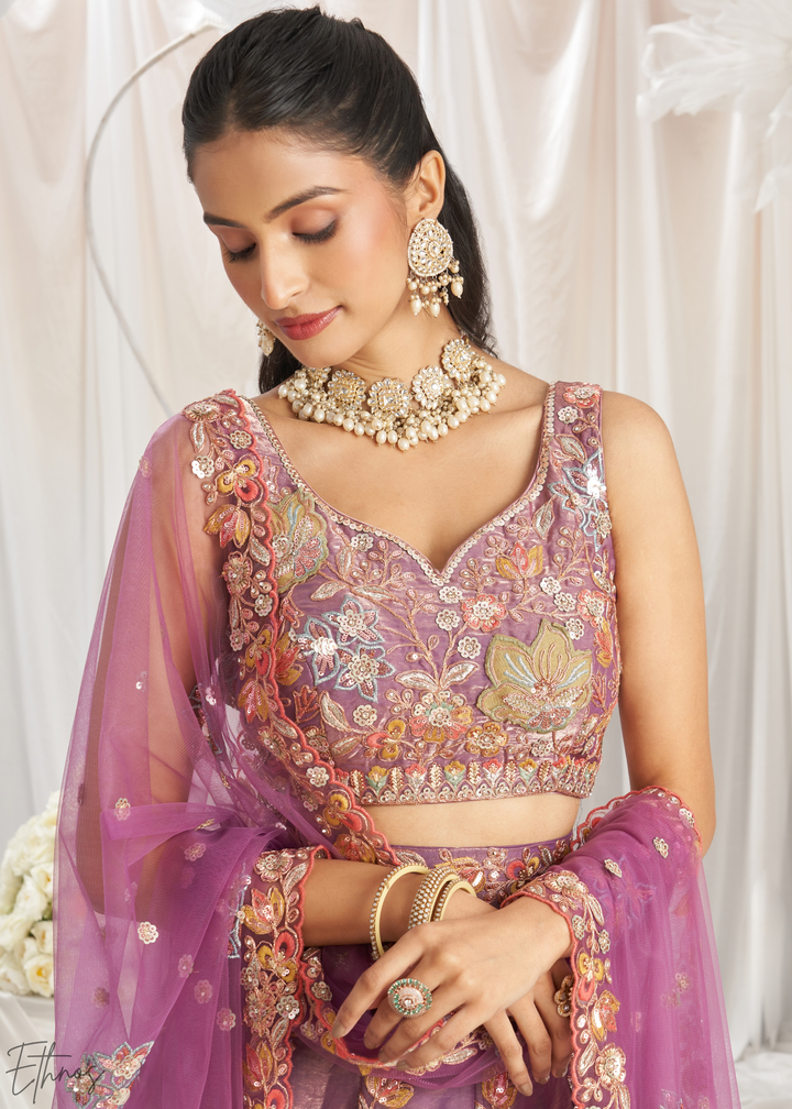 Orchid Lavender Gilded Bouquet Organza Lehenga