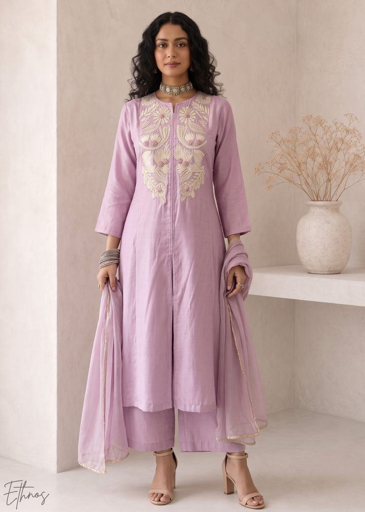 Orchid Lavender Medallion-Embroidered Silk Pant Suit