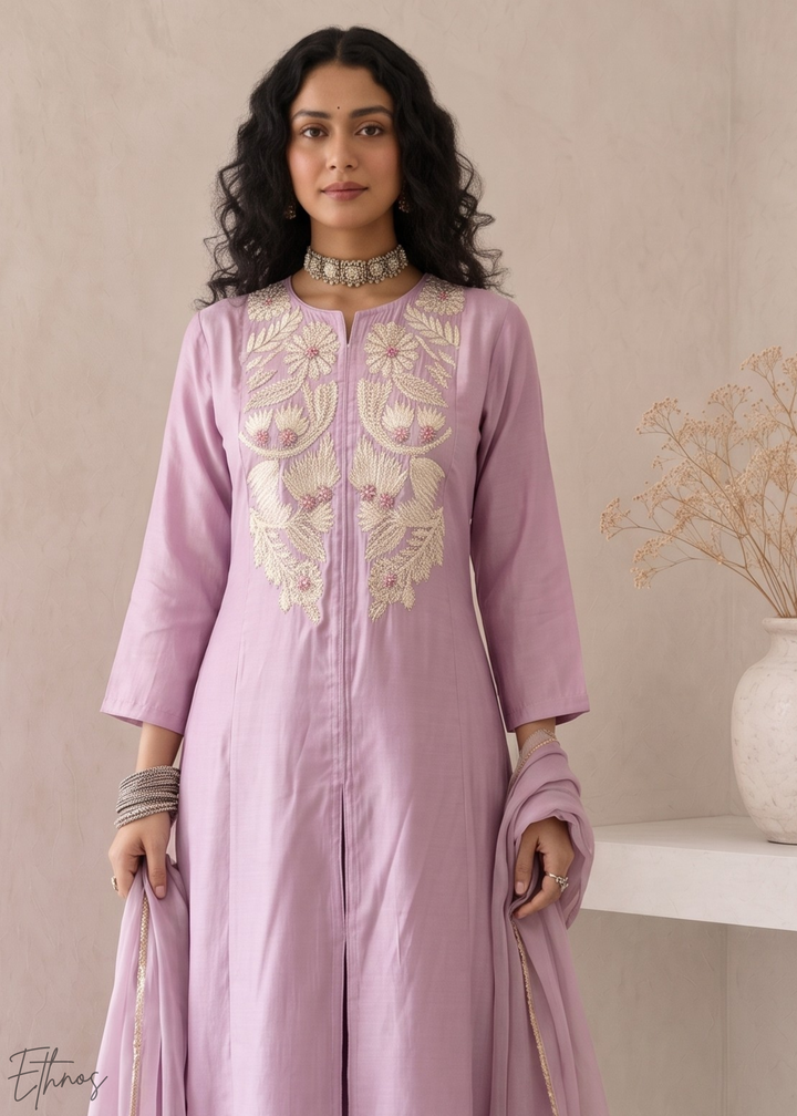 Orchid Lavender Medallion-Embroidered Silk Pant Suit