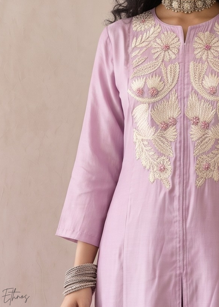 Orchid Lavender Medallion-Embroidered Silk Pant Suit