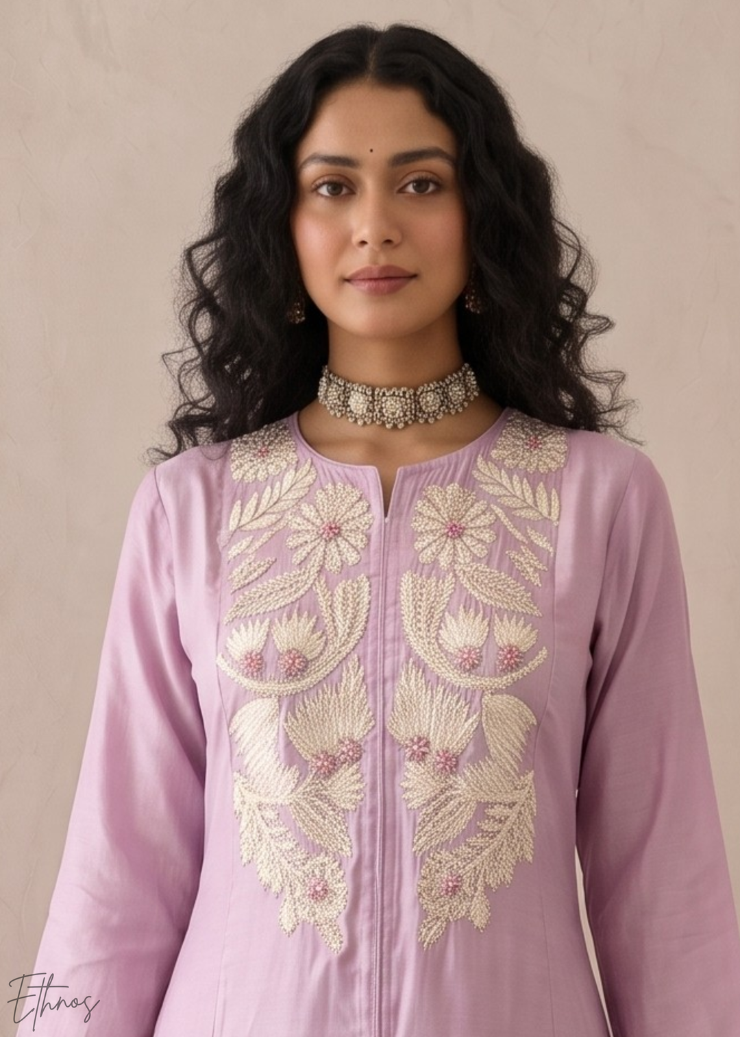 Orchid Lavender Medallion-Embroidered Silk Pant Suit