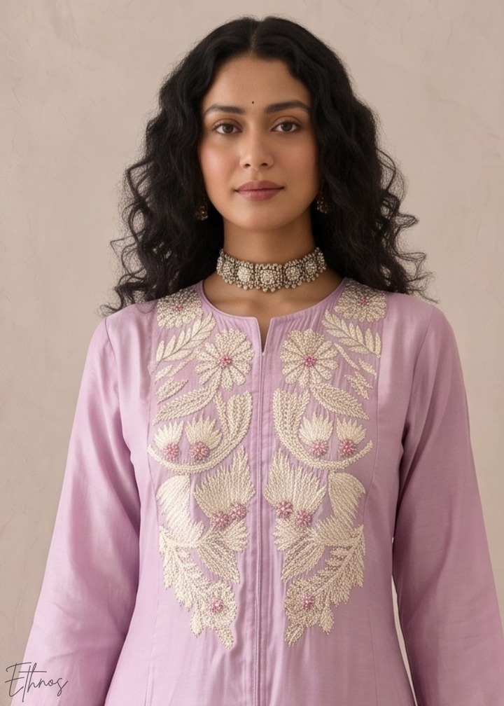 Orchid Lavender Medallion-Embroidered Silk Pant Suit