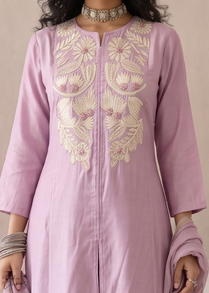 Orchid Lavender Medallion-Embroidered Silk Pant Suit