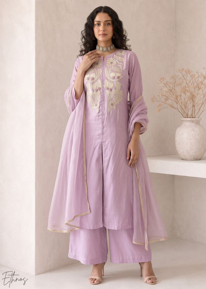 Orchid Lavender Medallion-Embroidered Silk Pant Suit
