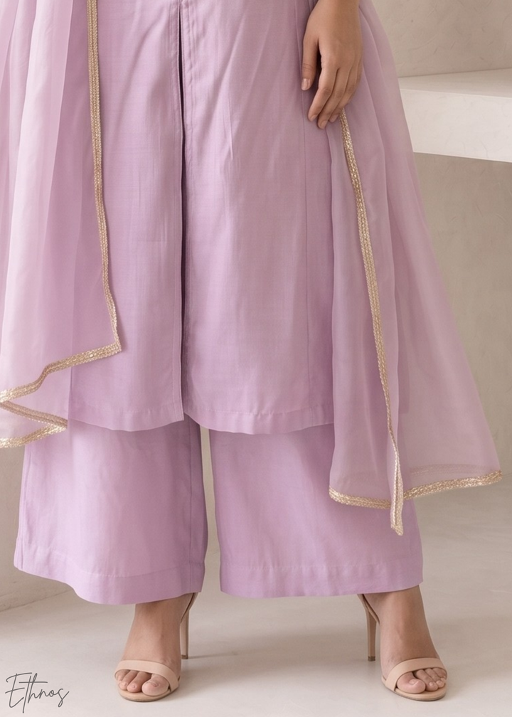 Orchid Lavender Medallion-Embroidered Silk Pant Suit