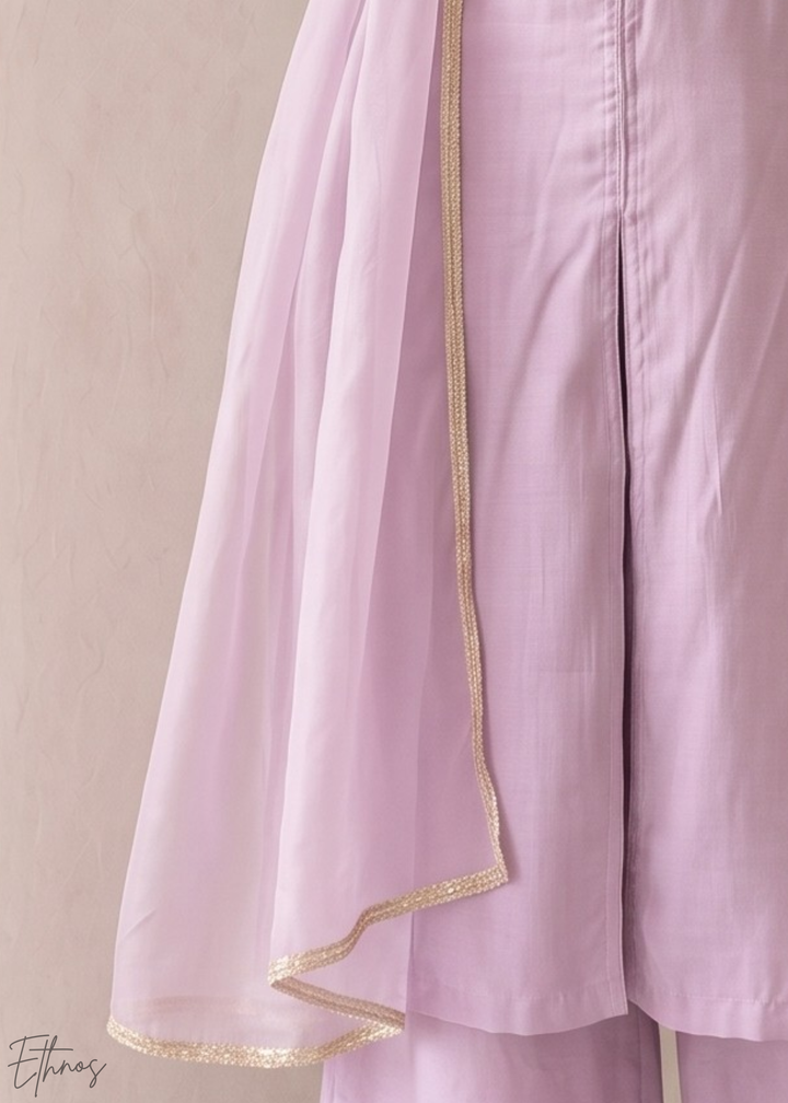 Orchid Lavender Medallion-Embroidered Silk Pant Suit