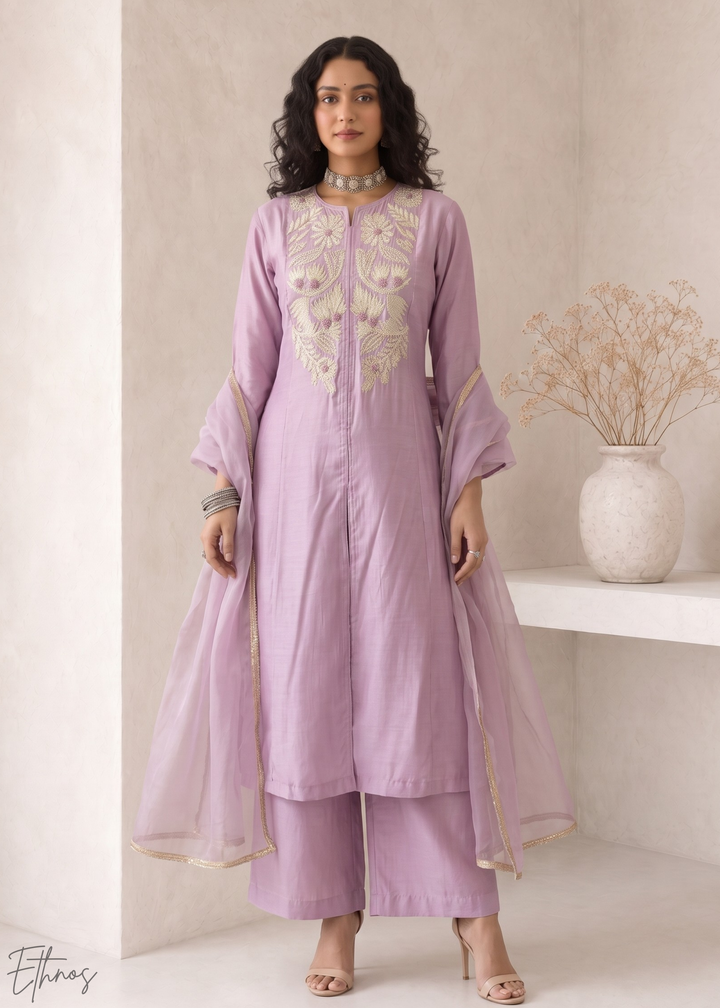 Orchid Lavender Medallion-Embroidered Silk Pant Suit