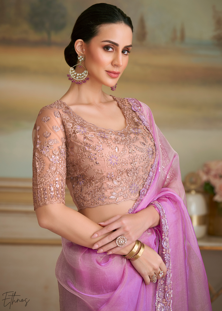 Orchid Lavender Sheer Tissue Georgette Saree