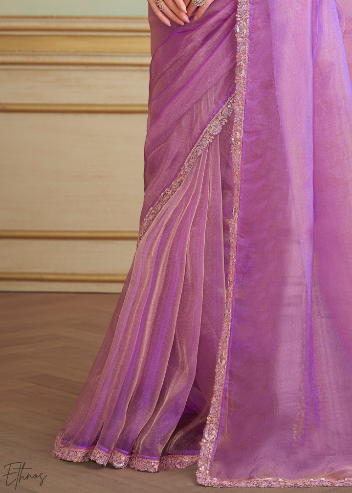Orchid Lavender Sheer Tissue Georgette Saree