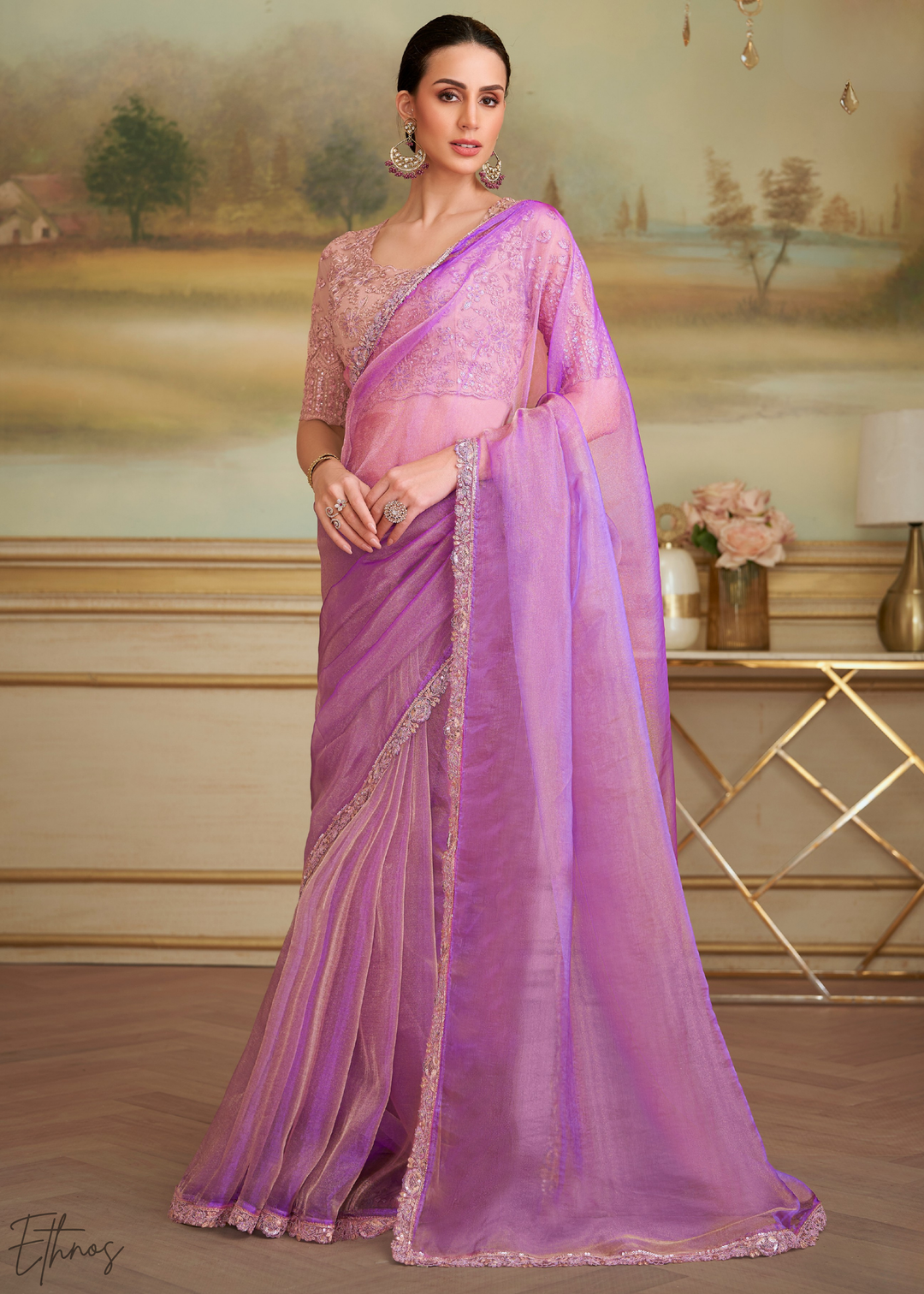 Orchid Lavender Sheer Tissue Georgette Saree