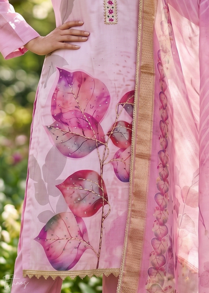 Orchid Lavender Watercolor-Blossom Rayon Cotton Palazzo Suit