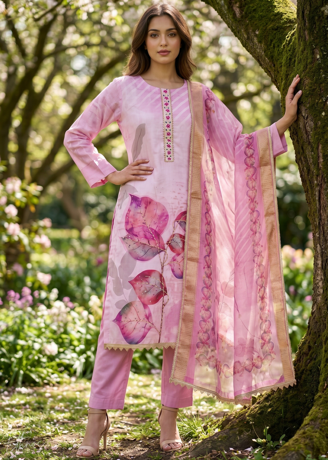 Orchid Lavender Watercolor-Blossom Rayon Cotton Palazzo Suit M