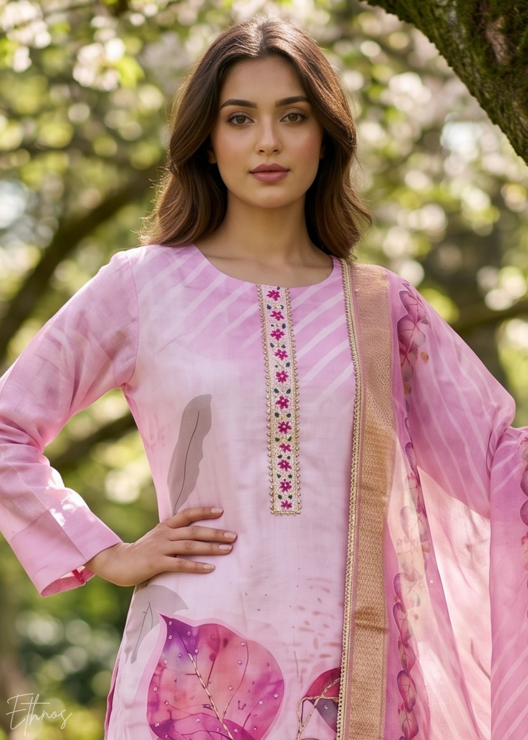 Orchid Lavender Watercolor-Blossom Rayon Cotton Palazzo Suit