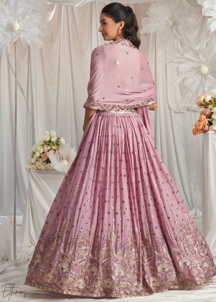 Orchid Lavender Whispering Vine Poly Georgette Lehenga