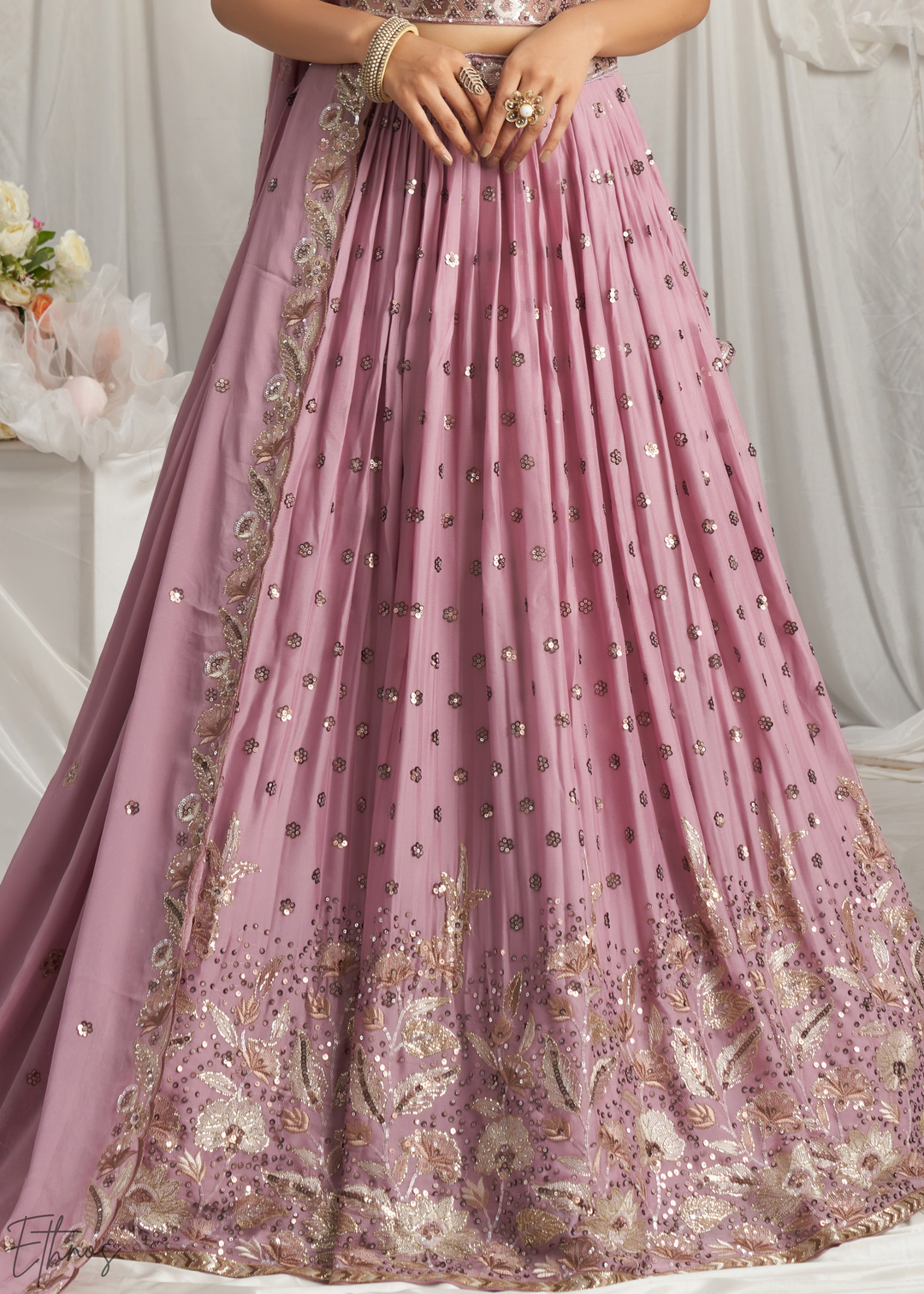 Orchid Lavender Whispering Vine Poly Georgette Lehenga