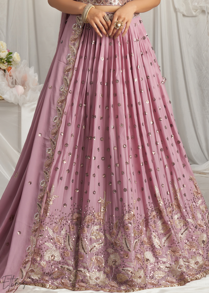 Orchid Lavender Whispering Vine Poly Georgette Lehenga