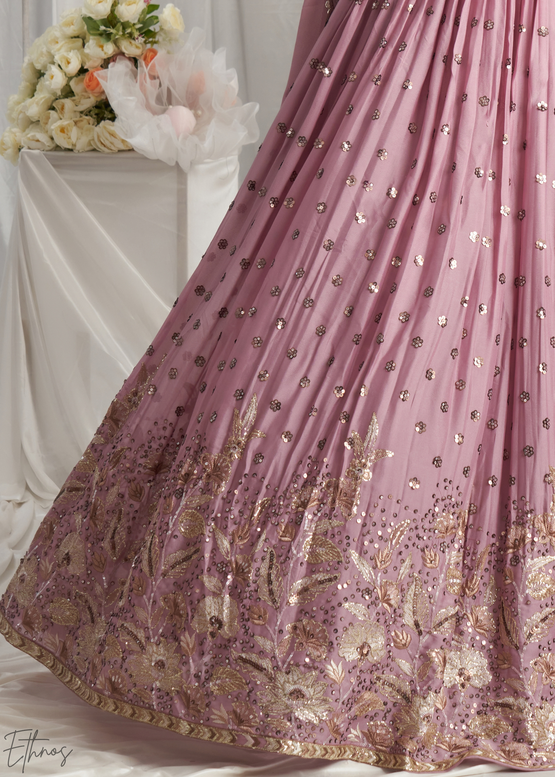 Orchid Lavender Whispering Vine Poly Georgette Lehenga