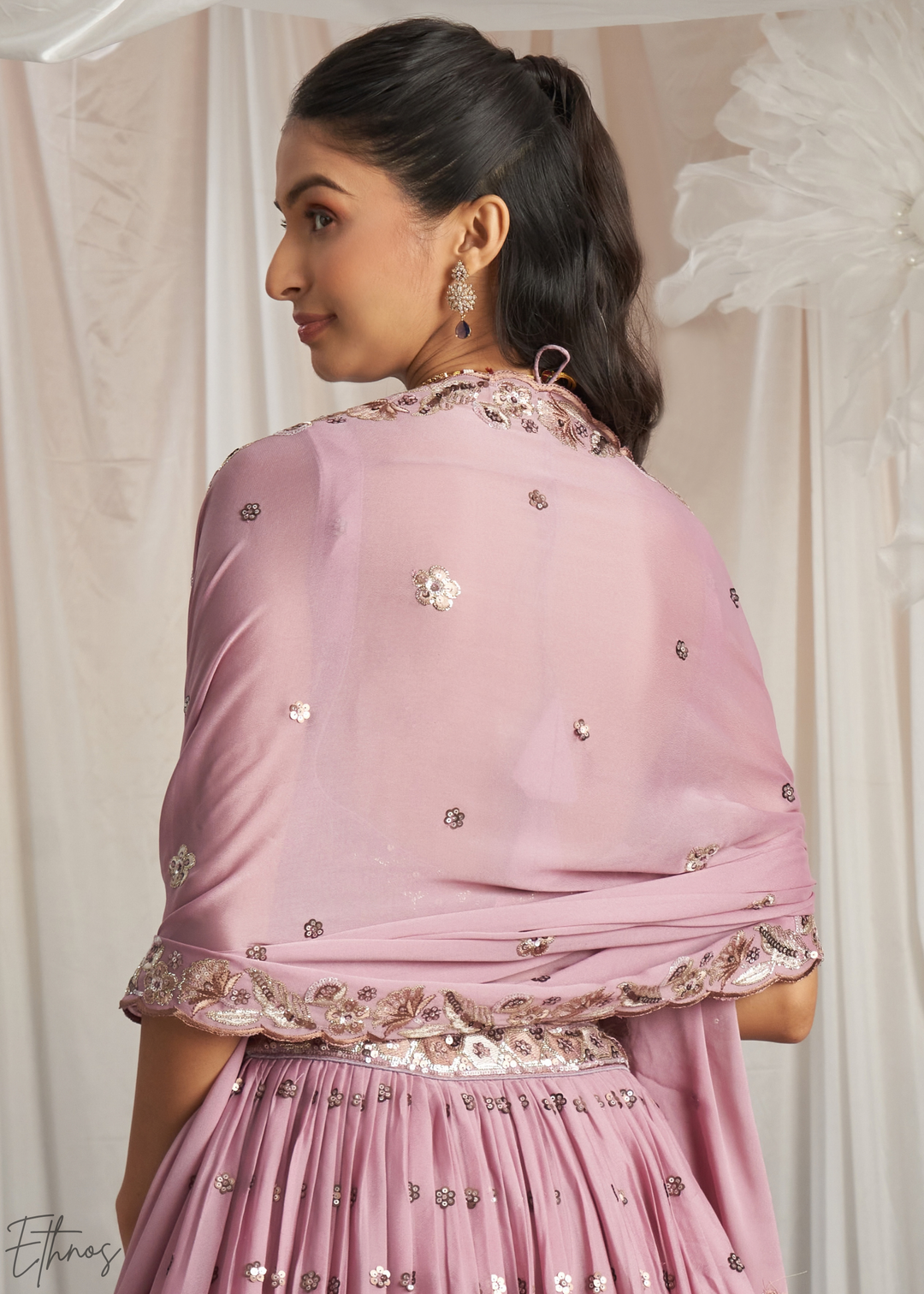 Orchid Lavender Whispering Vine Poly Georgette Lehenga