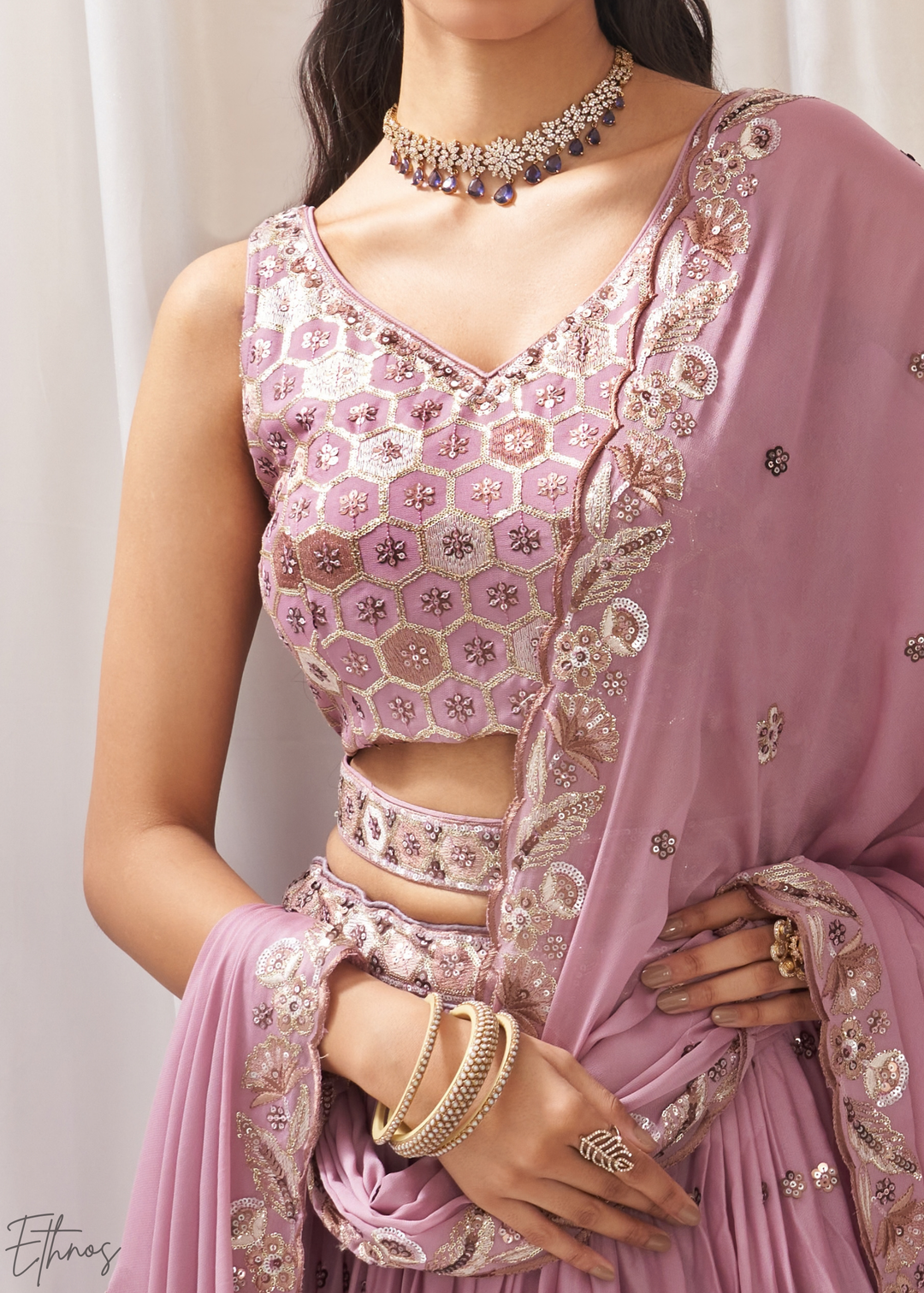 Orchid Lavender Whispering Vine Poly Georgette Lehenga