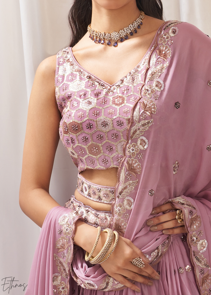 Orchid Lavender Whispering Vine Poly Georgette Lehenga