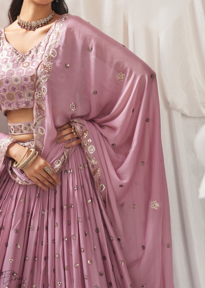 Orchid Lavender Whispering Vine Poly Georgette Lehenga