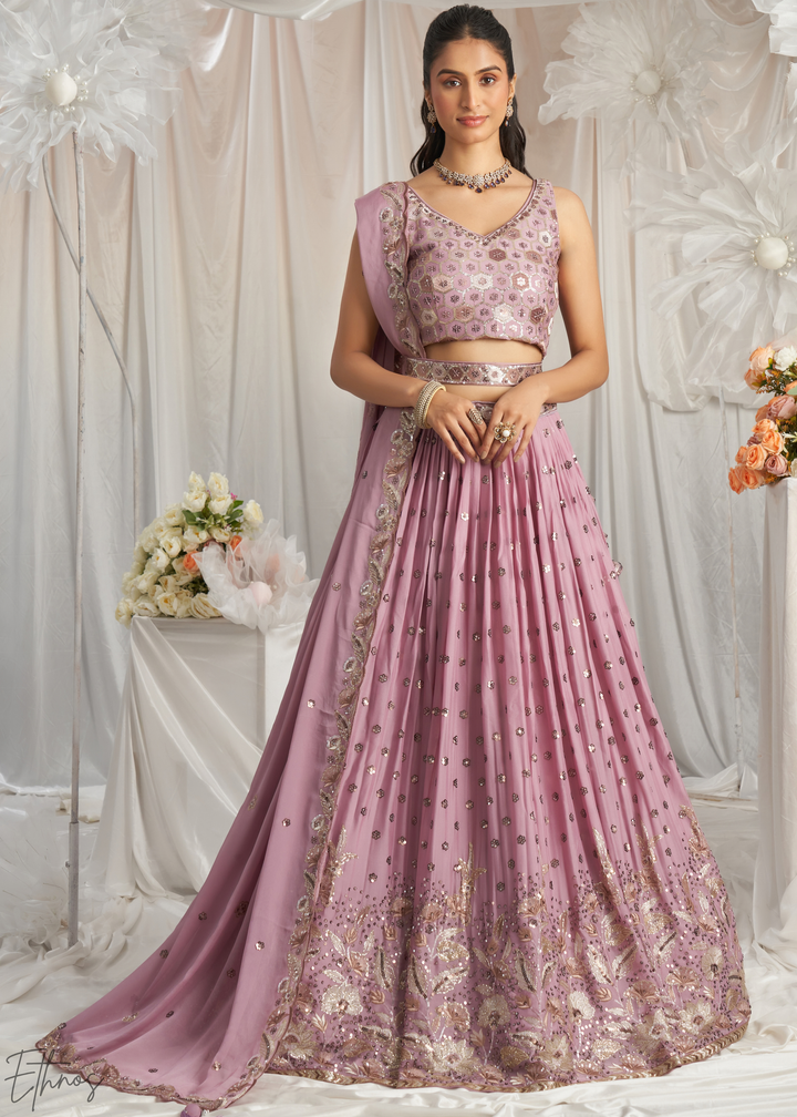 Orchid Lavender Whispering Vine Poly Georgette Lehenga