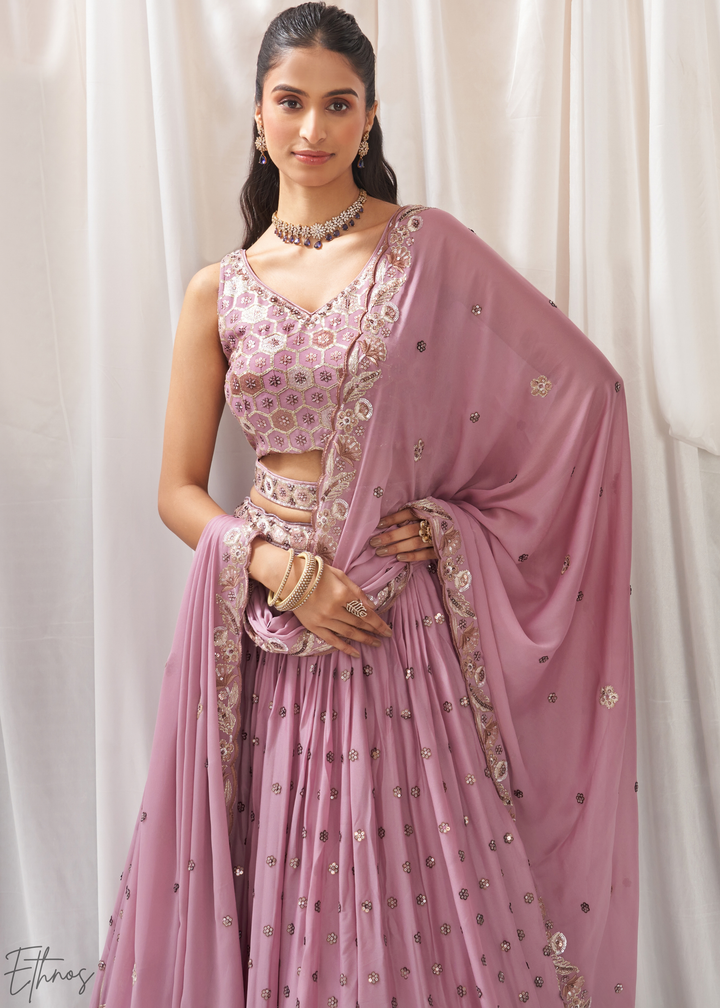Orchid Lavender Whispering Vine Poly Georgette Lehenga