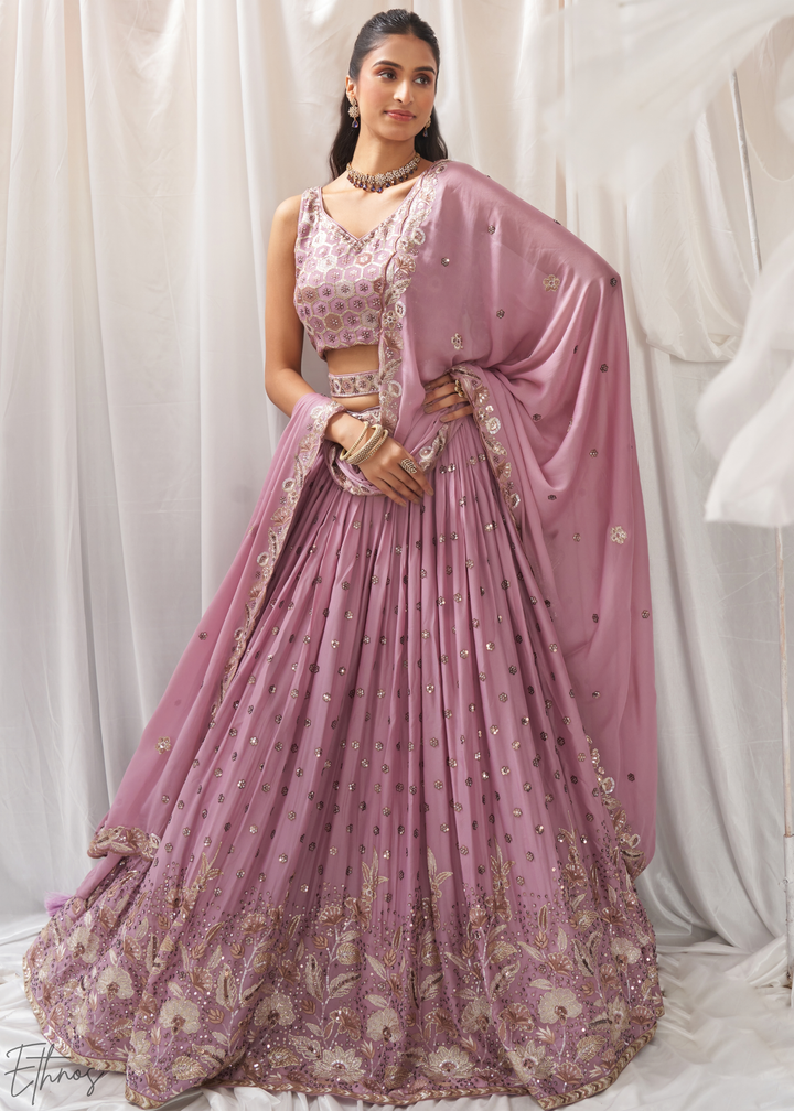 Orchid Lavender Whispering Vine Poly Georgette Lehenga