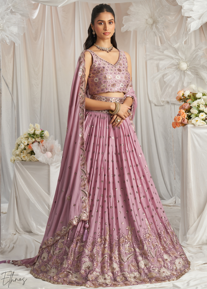 Orchid Lavender Whispering Vine Poly Georgette Lehenga