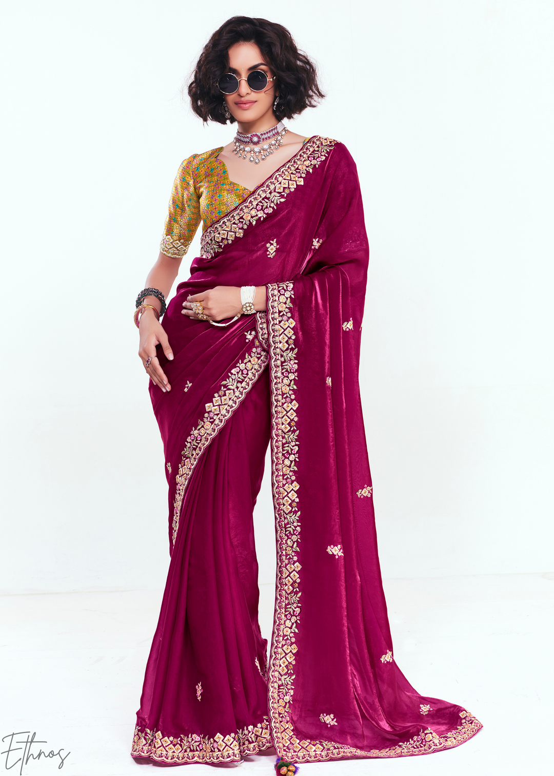 Orchid Magenta Embroidered Tissue Saree