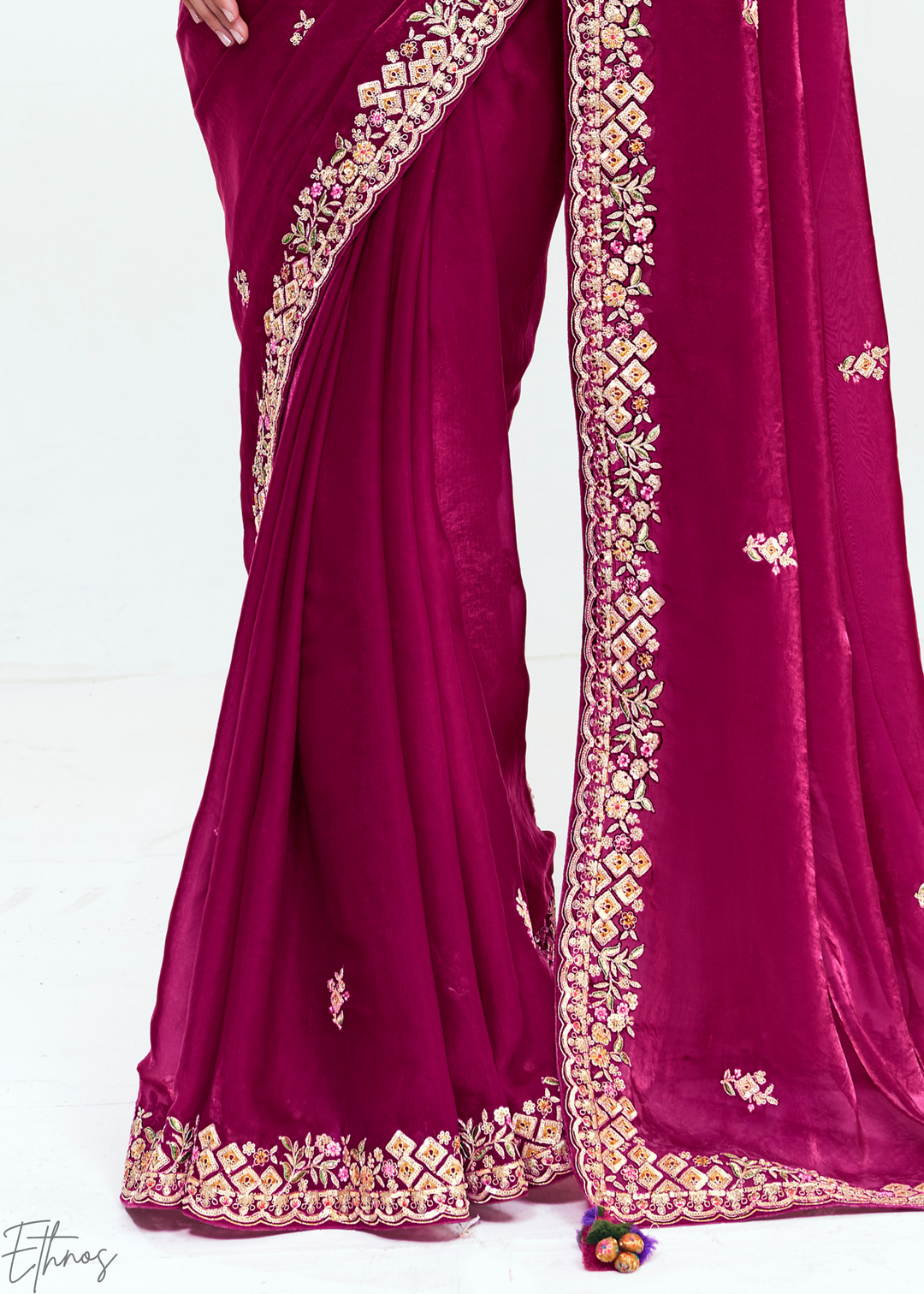 Orchid Magenta Embroidered Tissue Saree
