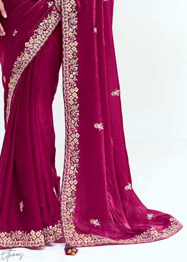 Orchid Magenta Embroidered Tissue Saree