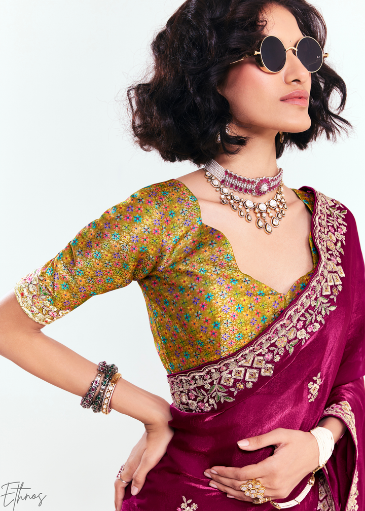 Orchid Magenta Embroidered Tissue Saree