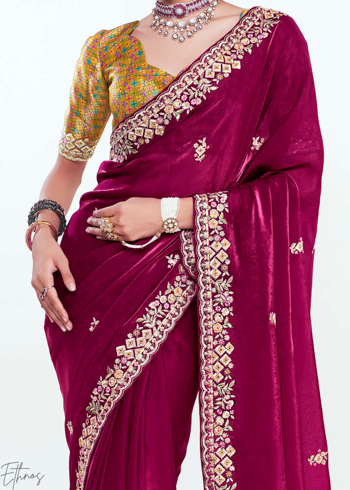 Orchid Magenta Embroidered Tissue Saree