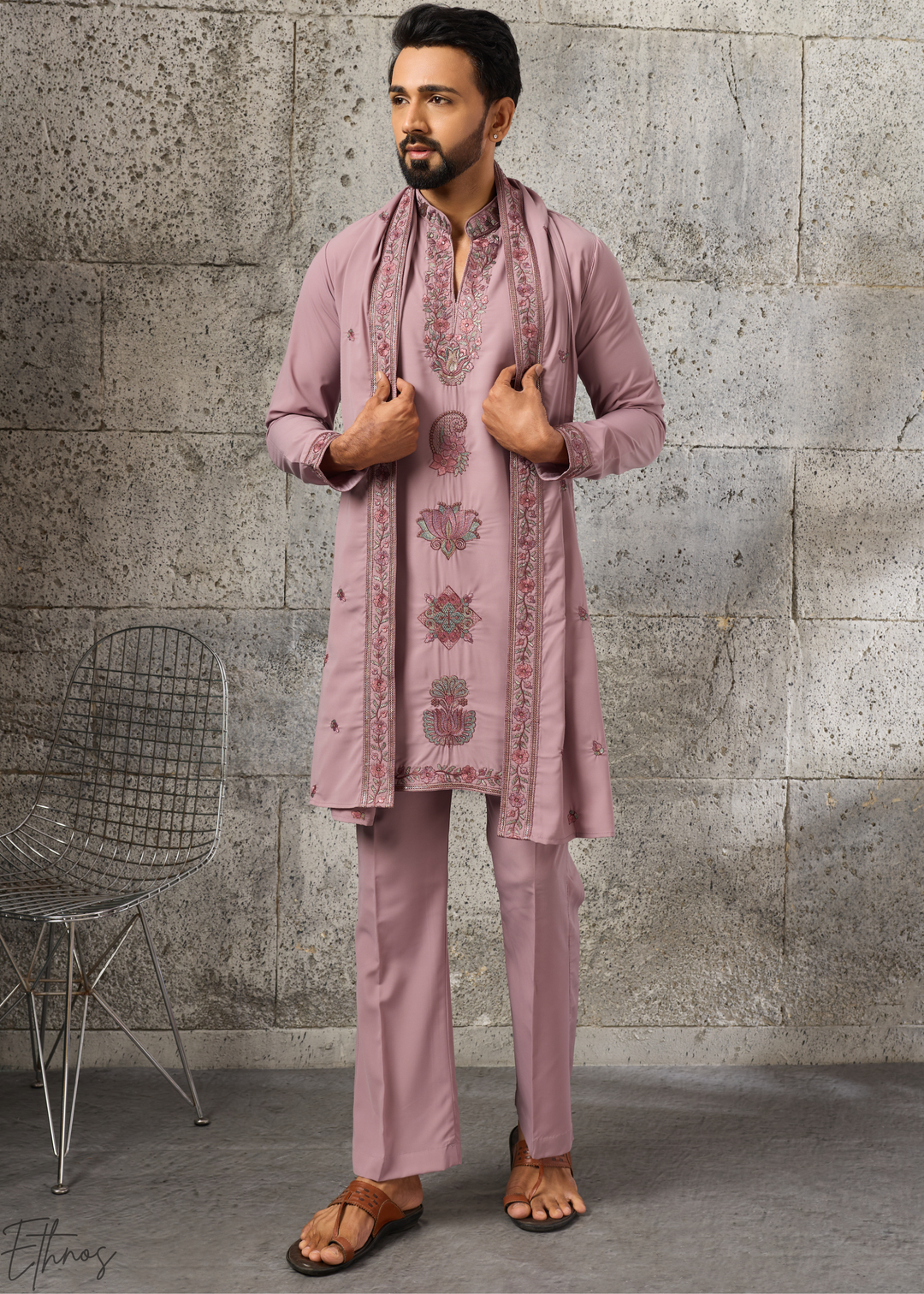 Orchid Mauve Motif-Embroidered Silk Kurta Traditional Scarf Set