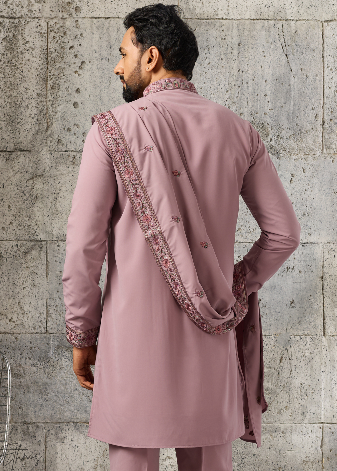Orchid Mauve Motif-Embroidered Silk Kurta Traditional Scarf Set