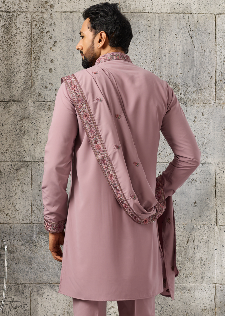 Orchid Mauve Motif-Embroidered Silk Kurta Traditional Scarf Set