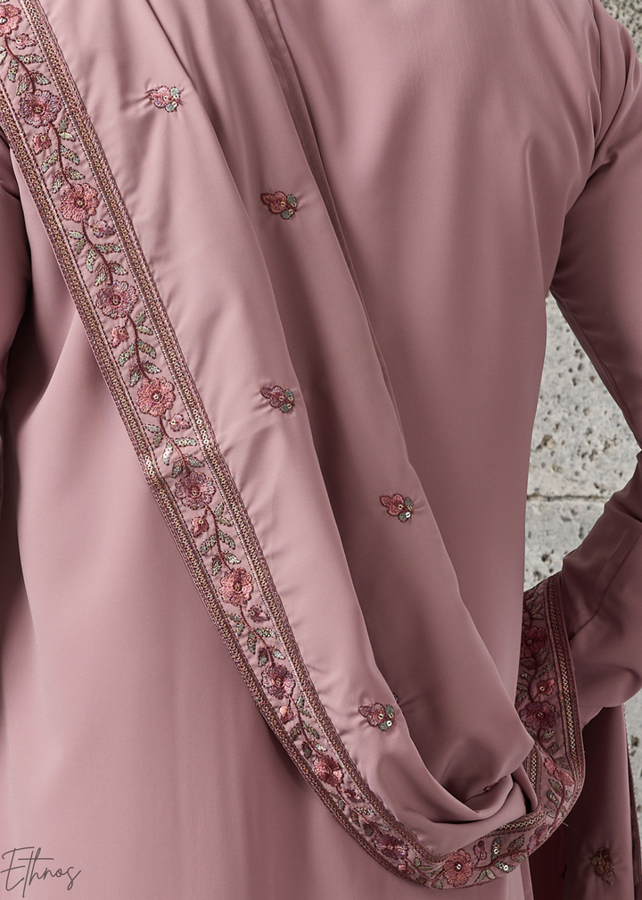 Orchid Mauve Motif-Embroidered Silk Kurta Traditional Scarf Set