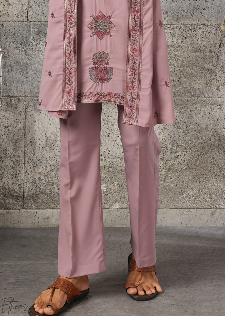 Orchid Mauve Motif-Embroidered Silk Kurta Traditional Scarf Set