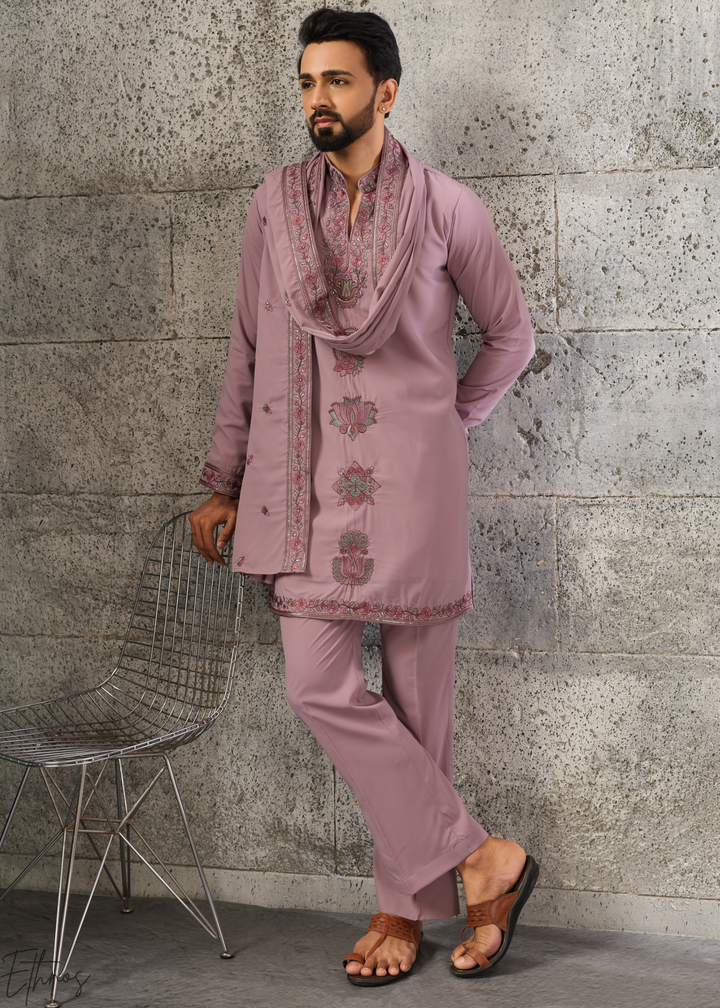 Orchid Mauve Motif-Embroidered Silk Kurta Traditional Scarf Set