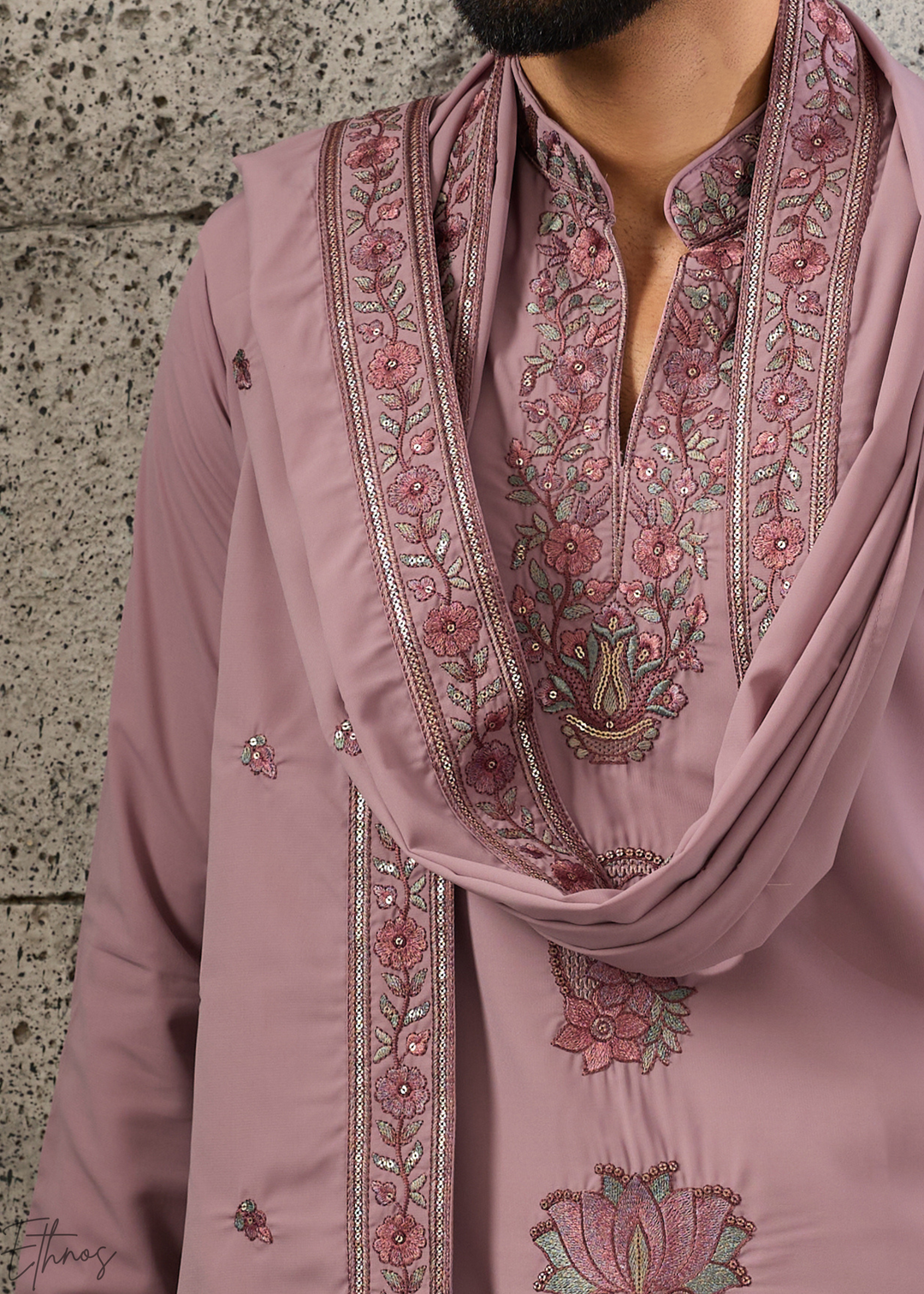 Orchid Mauve Motif-Embroidered Silk Kurta Traditional Scarf Set