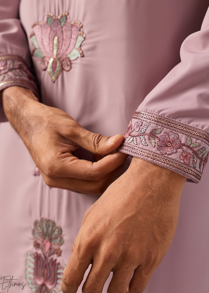 Orchid Mauve Motif-Embroidered Silk Kurta Traditional Scarf Set