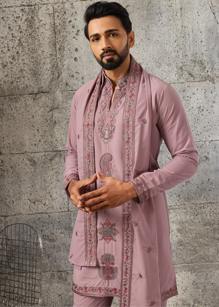 Orchid Mauve Motif-Embroidered Silk Kurta Traditional Scarf Set
